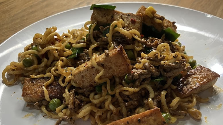 beef and tofu noodles with gochujang